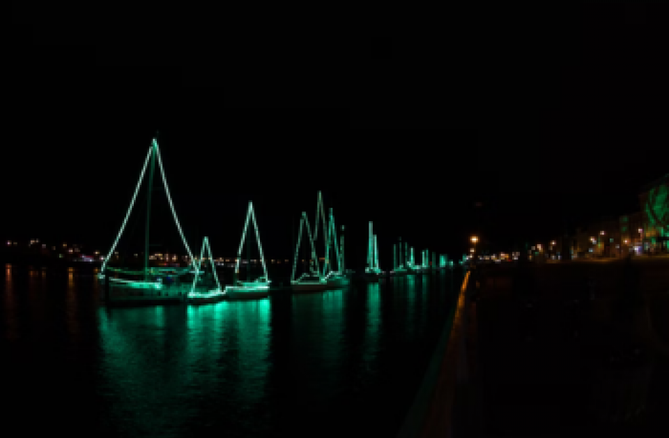 estively decorated boats illuminated at dusk during the Holiday Parade of Boats along Charleston Harbor, South Carolina.